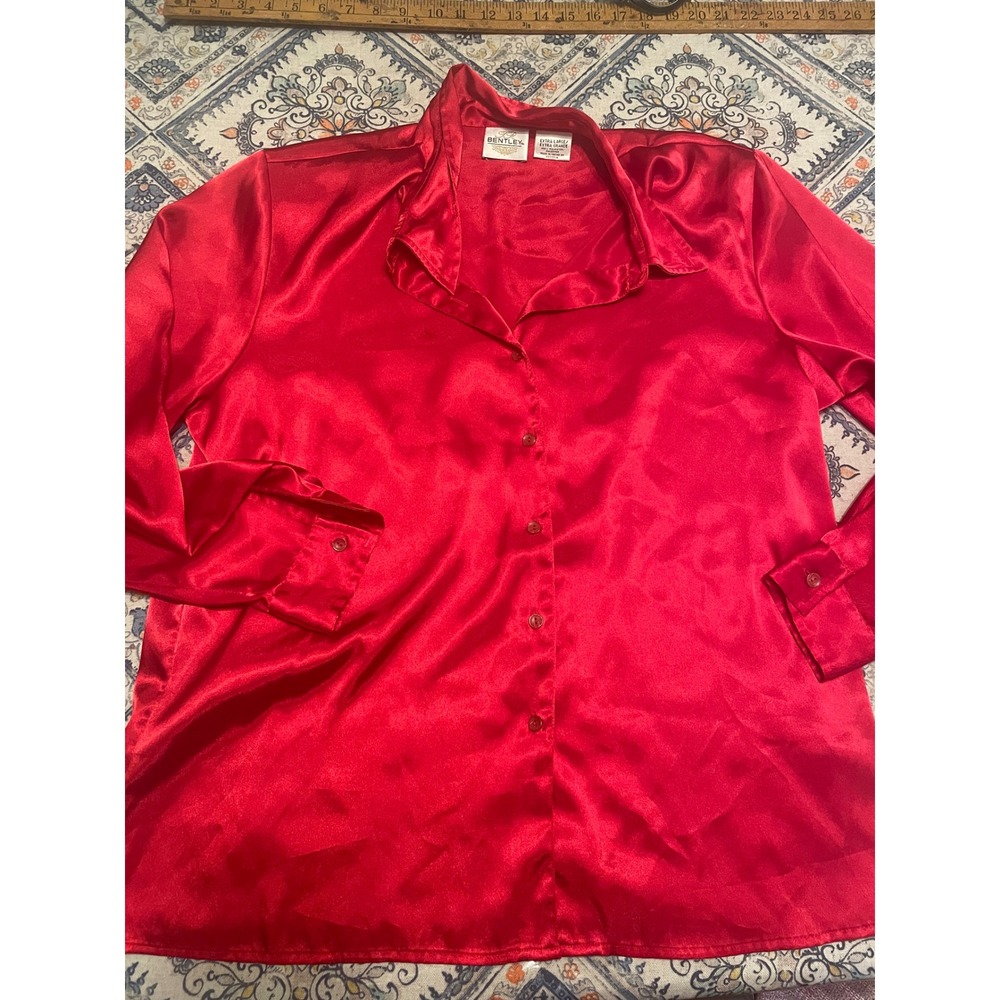 JR Bentley Womens Red Satin Button Down Blouse Long Sleeve Shirt Extra Large XL
